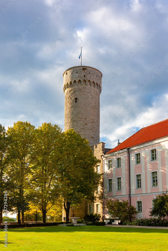 Long Herman tower and Governor's garden with parliament building (Riigikogu) in old town, Tallinn, Estonia