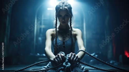 Woman training with rope in the gym. photo