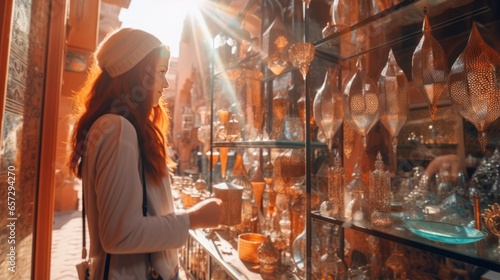 A woman standing in front of a glass display case in a museum