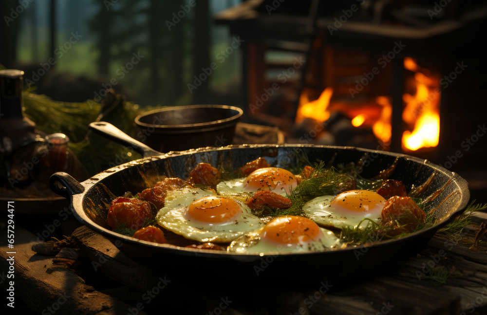 Fried eggs cooked over an open fire on a rustic table. A pan of fried eggs on a table next to a fire