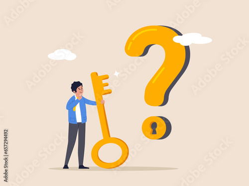 Wisdom or understanding concept. Key to unlock answer for problem and questions, solution or reason to solve problem, smart businessman holding golden key to unlock keyhole on question mark sign.