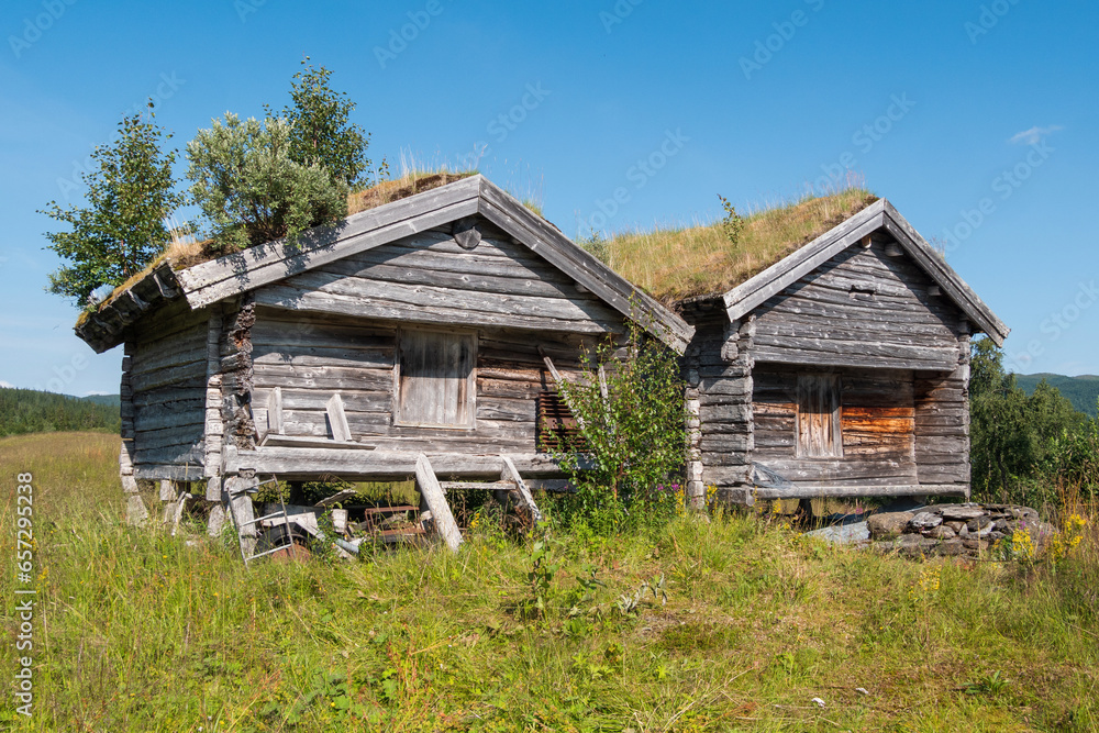 Old wooden barns with traditional grass roof of the historical farm Leipikgarden in the north of Jämtland, Sweden