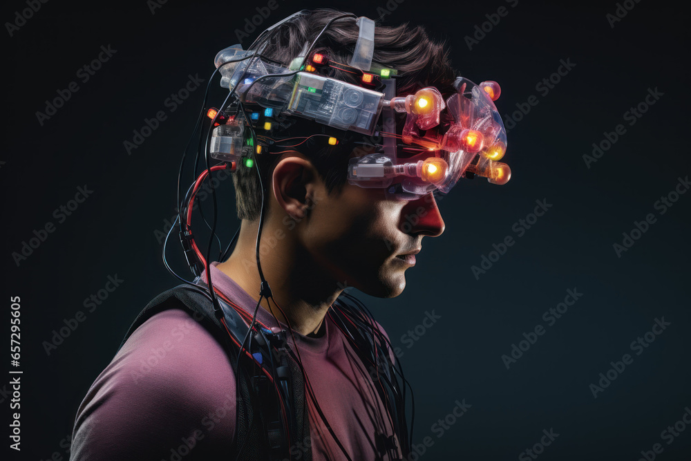 Biohacking men wearing electronic device on his head Biohacking men wearing electronic device on his head