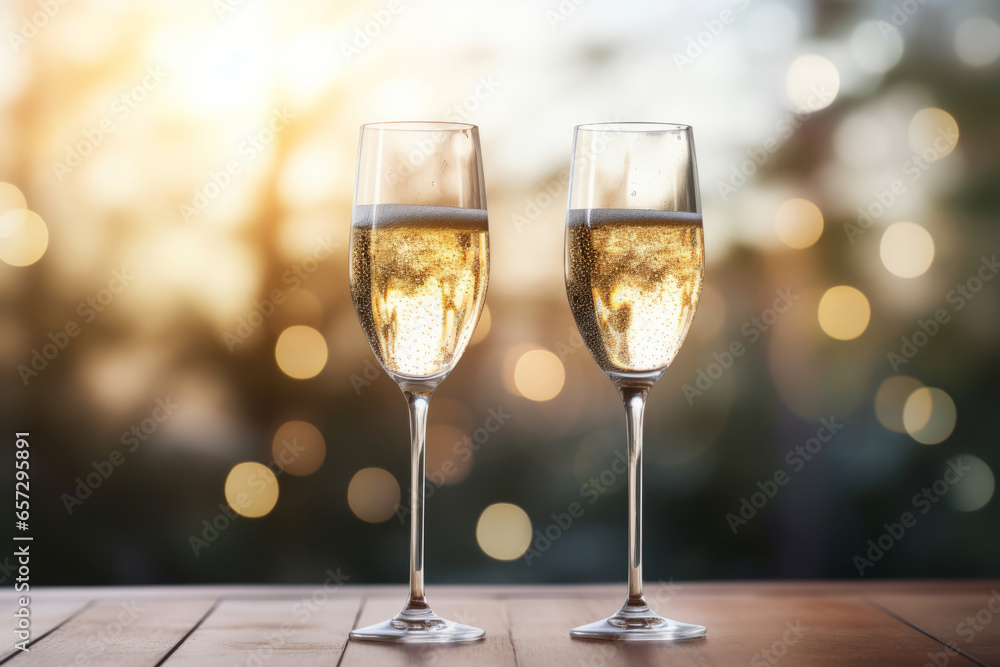 Two champagne glasses on light background. Generative AI Two champagne glasses on light background. Generative AI