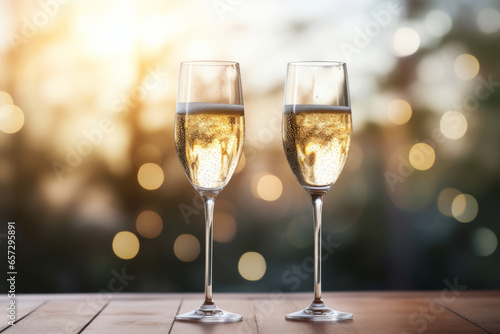 Two champagne glasses on light background. Generative AI