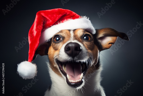 Cheerful jack russell terrier with a Christmas hat on his head. Generative AI © barmaleeva