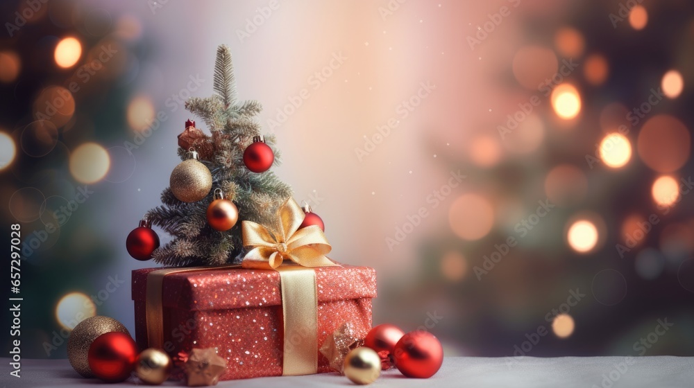 Christmas concept Gift box with bow tie on table Blurred bokeh lights with space for text. Ideal for a Christmas background. Christmas concept Gift box with bow tie on table Blurred bokeh lights with space for text. Ideal for a Christmas background.