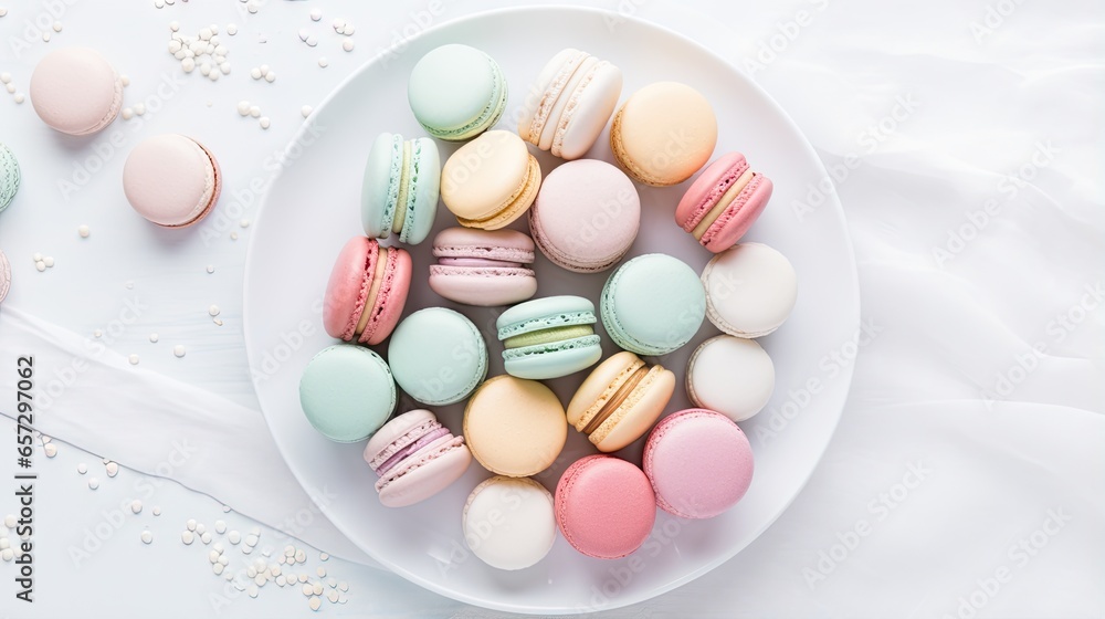 a plate of macaroons and macaroons on a white table. generative ai a plate of macaroons and macaroons on a white table. generative ai