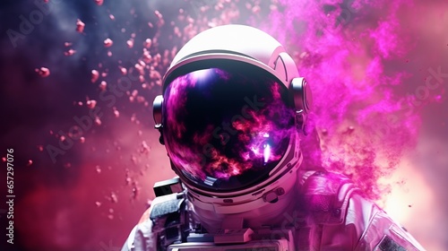 A man in a space suit with a purple background
