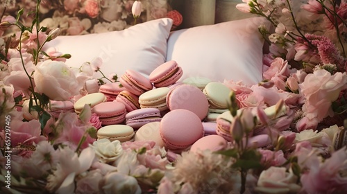  a bunch of macaroons are laying on a bed of flowers. generative ai