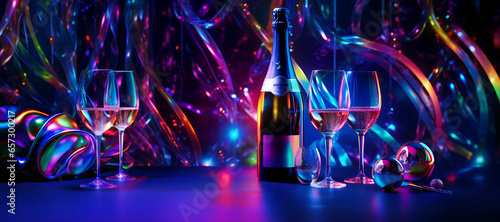 Bottle of champagne with two glasses. Dark background with neon club lights. Creative party concept
