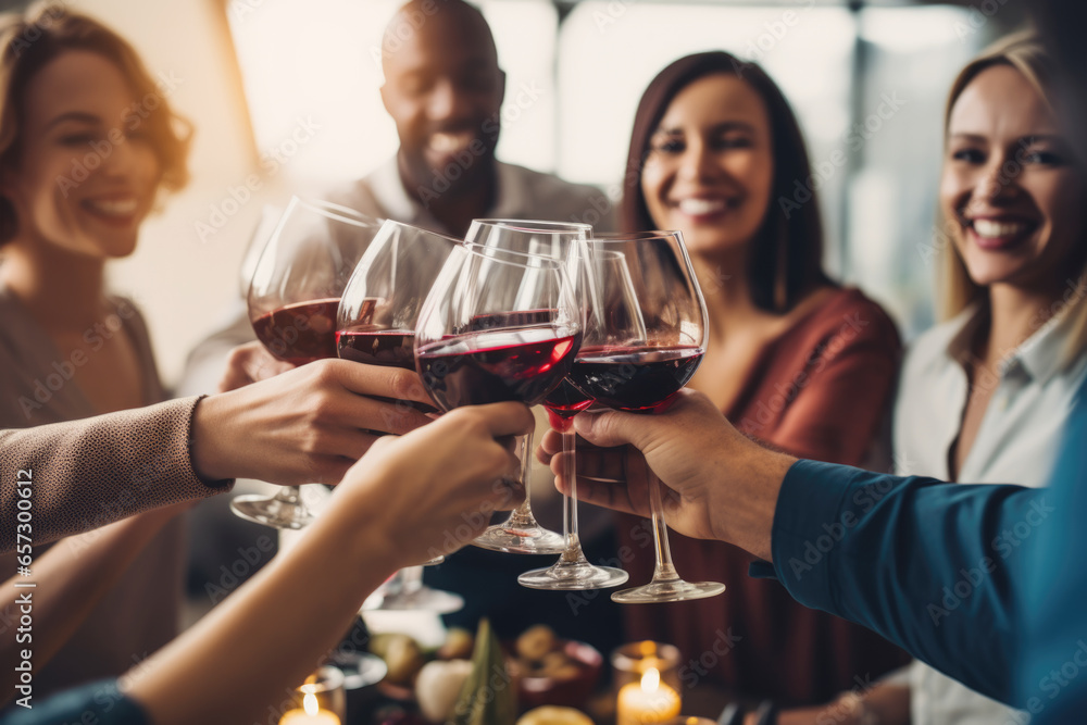 Group of friends toasting with red wine glasses at a festive lunch party