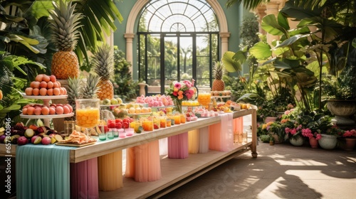 Vibrant tropical theme with colorful decorations and fruit displays