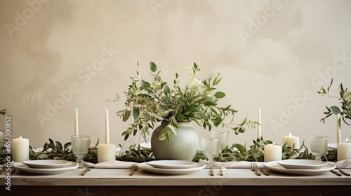 Minimalist white and green tablescape with eucalyptus and candles