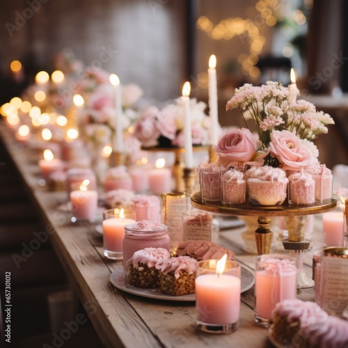 Cozy pink and gold setup with floral accents and desserts