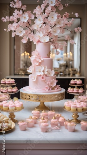 Cozy pink and gold setup with floral accents and desserts