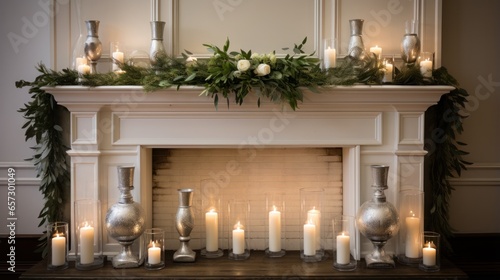 White and silver mantle display with candles and greenery