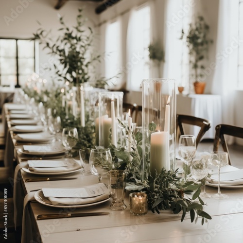 Minimalist white and green tablescape with eucalyptus and candles