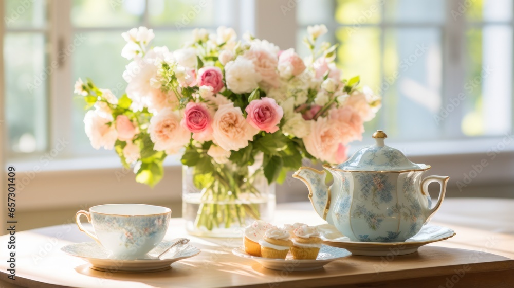 Vintage-inspired tea party with delicate china and floral centerpieces