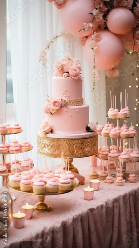 Cozy pink and gold setup with floral accents and desserts