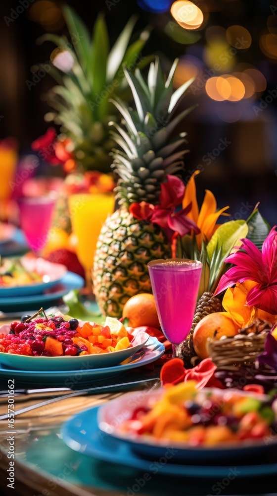 Vibrant tropical theme with colorful decorations and fruit displays