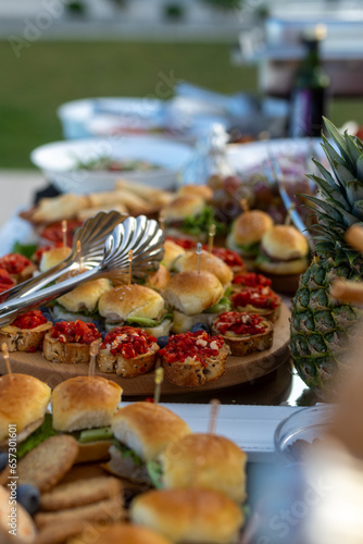 A table full of various dishes, small bites, outdoor party catering spread.