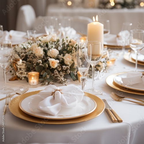 Elegant gold and white table setting with wreath and candles