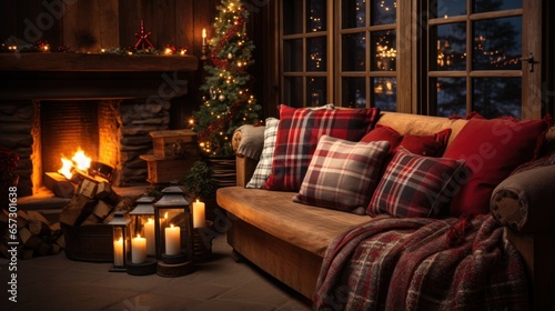 Cozy living room with Christmas tree, stockings, and fire crackling © olegganko