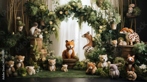 Whimsical woodland theme with animal decor and greenery garland