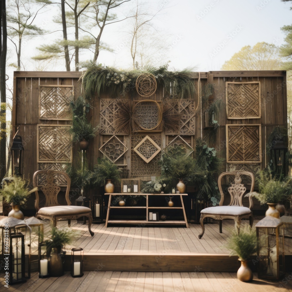 Obraz premium Rustic outdoor celebration with wooden accents and greenery backdrop