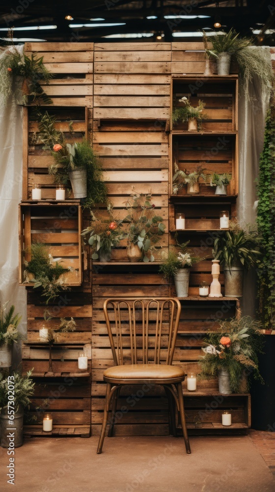 Rustic outdoor celebration with wooden accents and greenery backdrop