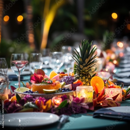 Vibrant tropical theme with colorful decorations and fruit displays