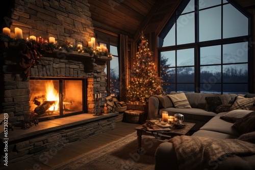 Cozy living room with Christmas tree, stockings, and fire crackling © olegganko