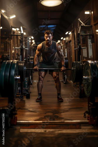 A handsome muscular athlete lifts a barbell. Fitness, workout, gym