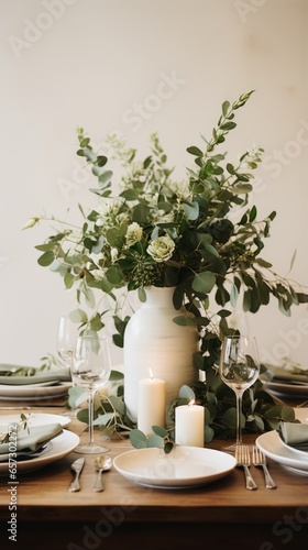 Minimalist white and green tablescape with eucalyptus and candles © olegganko