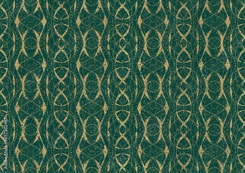 Wallpaper Mural Hand-drawn unique abstract symmetrical seamless gold ornament and splatters of golden glitter on a dark cold green background. Paper texture. Digital artwork, A4. (pattern: p10-4c) Torontodigital.ca