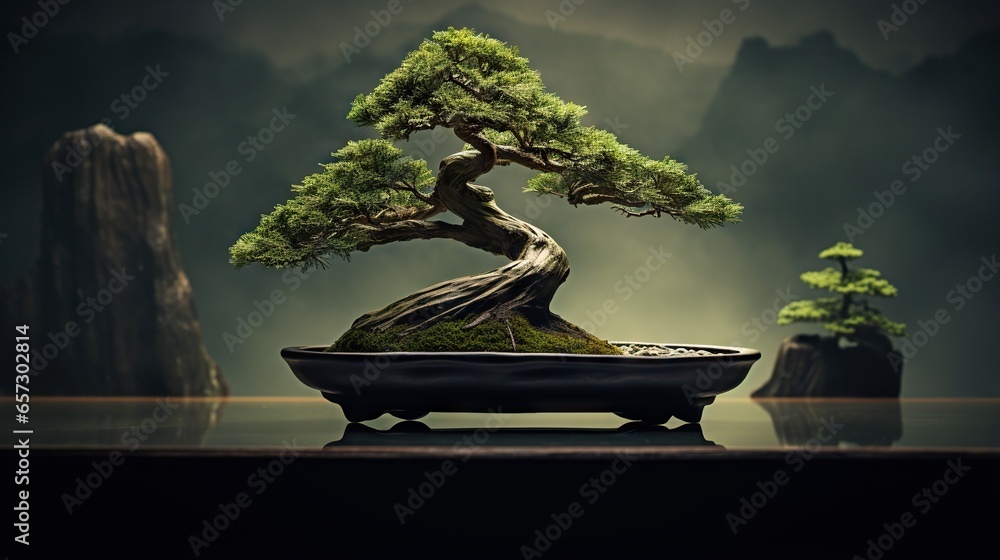 a bonsai tree in a black bowl on a table. generative ai a bonsai tree in a black bowl on a table. generative ai