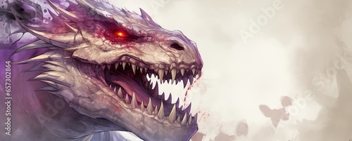 Close-up view of a dragon's visage, with menacing eyes and sharp teeth. Formidable and perilous creature. Artwork suitable for use in board games and tabletop fantasy games. Copy space. © Caphira Lescante