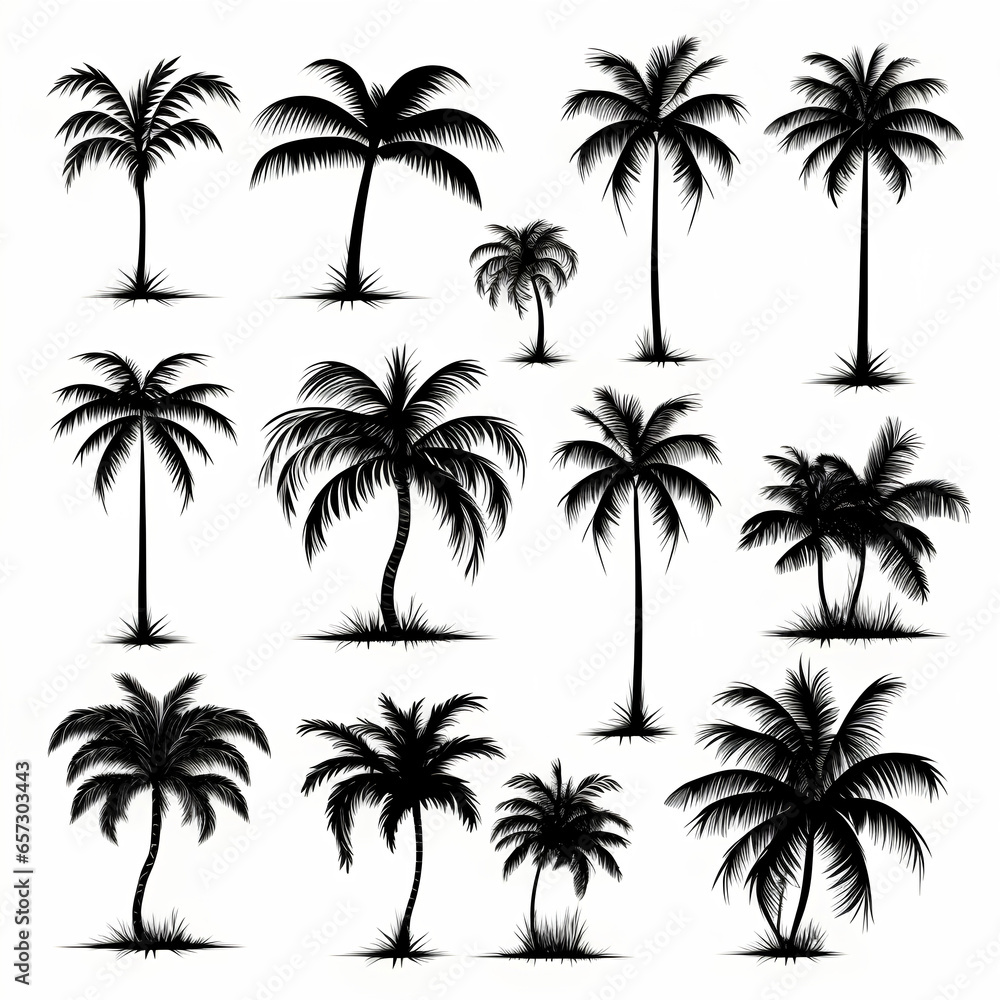Tropical palm trees set silhouettes - obrazy, fototapety, plakaty 