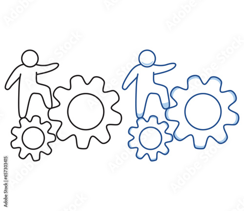 Business people working with industrial gears.Overcoming difficulties. Striving for success.Business concept illustration .Little people are launching a mechanism to achieve ideas.Doodle illustration.