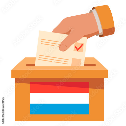 Elections to the luxembourg parliament.Flag of luxembourg.Hand voting ballot box icon.Hand putting paper in the ballot box.Vote icon.Voting concept.