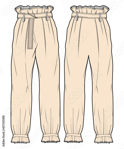 Women Gathered Hem Paper Bag Waist Pant with Belt  Front and Back View. Fashion Flat Sketch Vector Illustration, CAD, Technical Drawing, Flat Drawing, Template, Mockup.