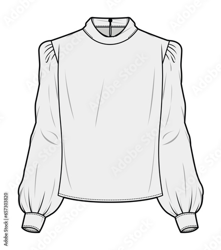 Stand High Neck Bishop Sleeve Blouse Top Fashion Illustration, Vector, CAD, Technical Drawing, Flat Drawing, Template, Mockup