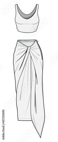 Sleeveless Top with Bodycon Front Knot Skirt Suit, Skirt and Crop Top Set  Fashion Flat Sketch Vector Illustration, CAD, Technical Drawing, Flat Drawing, Template, Mockup.