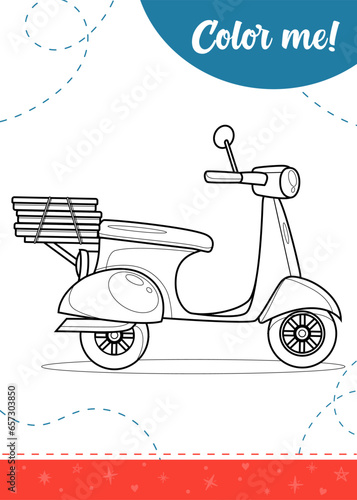 Coloring page for kids with delivery motorbike with pizza boxes.
A printable worksheet, vector illustration.