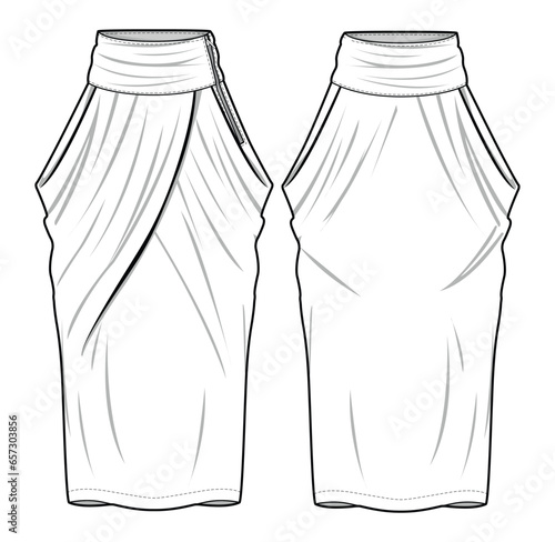 Tulip Skirt, Cowl Skirt Front and Back View. Fashion Flat Sketch Vector Illustration, CAD, Technical Drawing, Flat Drawing, Template, Mockup.