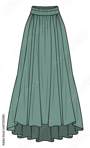 Georgette Chiffon Flared Maxi Skirt   Fashion Flat Sketch Vector Illustration, CAD, Technical Drawing, Flat Drawing, Template, Mockup.