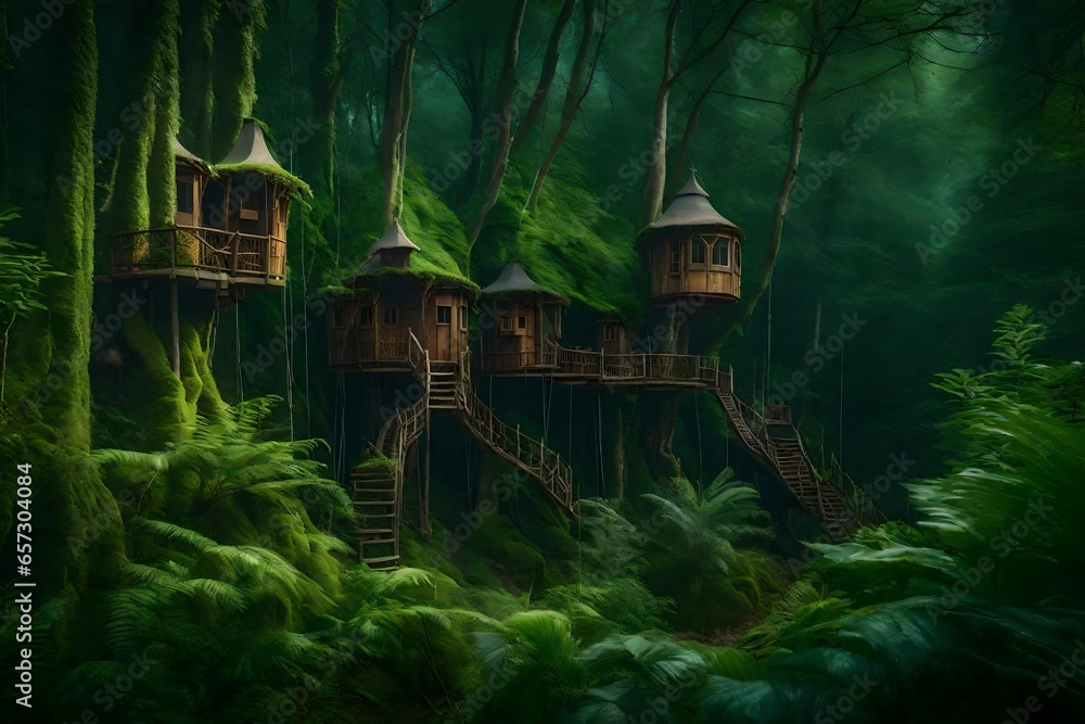 A forest with tree houses inhabited by magical creatures and plant spirits