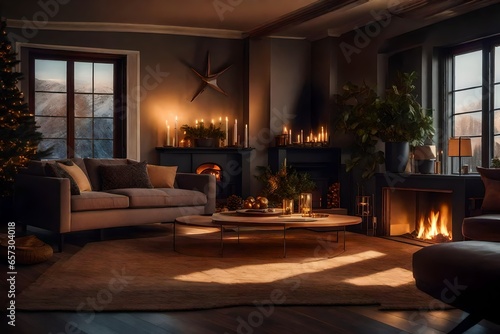 A cozy living room with soft  warm lights and a crackling fireplace