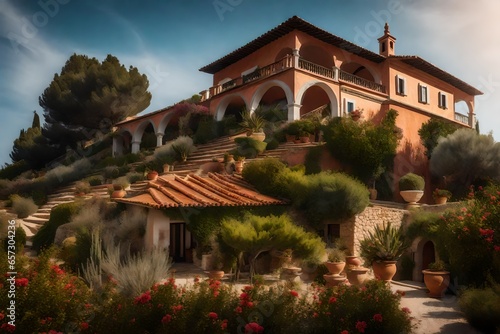 A hilltop villa with a terracotta roof and a Mediterranean garden